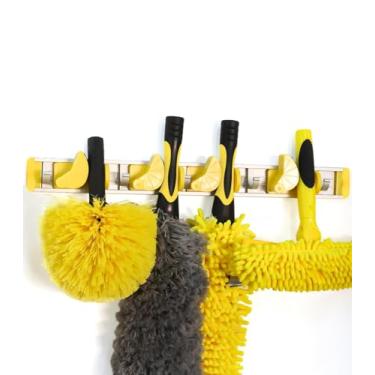 Imagem de Opow Suporte de parede para esfregão e vassoura com boa aderência, organizador de ferramentas de limpeza, cabide para cozinha, jardim, lavanderia e garagem (4 compartimentos, 5 ganchos)