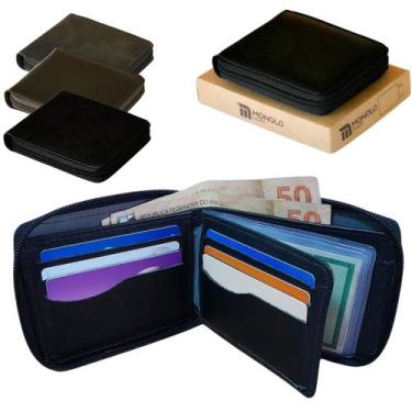 Imagem de Carteira Masculina Zíper Couro Legítimo Porta Cartão Moeda Documentos 