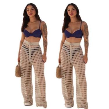 Imagem de Kit 2 Calças Saída de Praia e PiscinaTricô Ponto Croche Moda Verão - M
