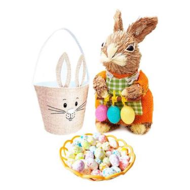 Imagem de Kit Decoração Páscoa Com Coelho Palha Caça Aos Ovinhos Cesta - Wincy, 