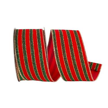 Imagem de Reliant Ribbon Fita com fio de veludo listrado com glitter, vermelho/verde