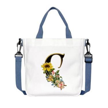 Imagem de Sacola com monograma para mulheres, pequenas bolsas de lona para presente personalizado para mulheres, bolsa de lona inicial para damas de honra, Branco, Medium
