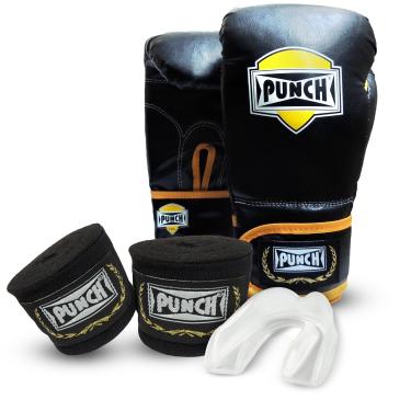Imagem de PUNCH Kit Luva Boxe, Muay Thai 12 oz + Bandagem Elástica Preta de 2,5 mts + Protetor Bucal Simples Transparente