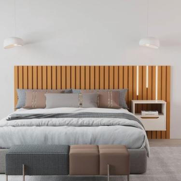 Imagem de Cabeceira Ripado Para Cama de Casal/Queen Maracá Nature Com Mesa de Cabeceira Jatobá Com Led OffWhite - Rede Móveis