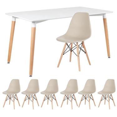 Imagem de Kit - Mesa de jantar retangular Eames 80 x 140 cm branco + 6 cadeiras Eiffel dsw Nude