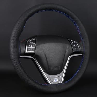 Imagem de Capa de volante de carro de couro de microfibra preta, envoltório de volante costurado à mão, ajuste universal de 35 a 38 cm, macio e fino para uma aderência confortável, azul