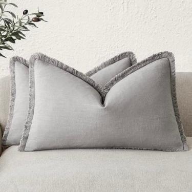 Imagem de Foindtower Conjunto de 2 fronhas decorativas de linho com franjas, capa de almofada aconchegante para casa de fazenda com borlas para sofá-cama, sala de estar, decoração de quarto, 30 x 61 cm, cinza