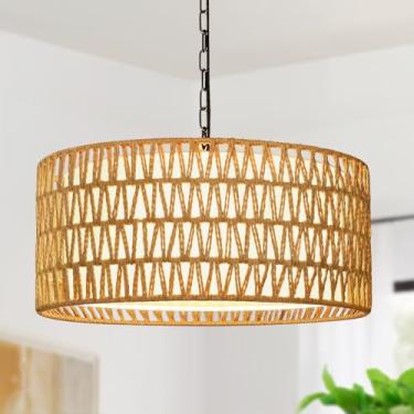 Imagem de Lynnoland Lustres De Fazenda Para Sala De Jantar, Luminária Pendente De Vime Trançada À Mão Com 5 Lâmpadas, Lustre Boho De Vime Com Cúpula De Linho, Iluminação Rústica Suspensa Para Quarto E Ilha De