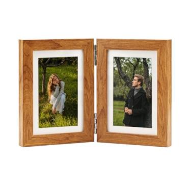 Imagem de SaZiCat Moldura com dobradiça dupla, 10 x 15 cm, com vidro verdadeiro, mesa ou montagem na parede, tela para fotos 3 x 5 e 4 x 6 (com / sem tapete) - marrom rústico, para fotos de família e memórias