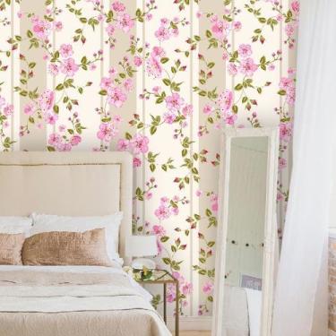 Imagem de Papel de Parede Floral Rosas com Fundo Listrado - Inove Papéis de Pare