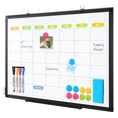 Imagem de Calendário apagável WALGLASS seco, quadro branco magnético de 61 x 45 cm, calendário mensal apagável a seco com moldura de alumínio preto, quadro portátil de suspensão dupla face para escritório,