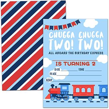 Imagem de Cartões de convite para festa de aniversário, celebração da festa do trem do fluxo, 2º aniversário Chugga Chugga dois trens, suprimentos de festa, lembrancinhas, 20 cartões com 20 envelopes – (azul 2 anos)