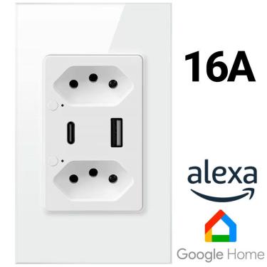 Imagem de Tomada Dupla Inteligente, Zigbee, 3 Pinos, Uma Entrada USB e Uma USB-C, 16A, Compatível Com Alexa e Google Home, Branco
