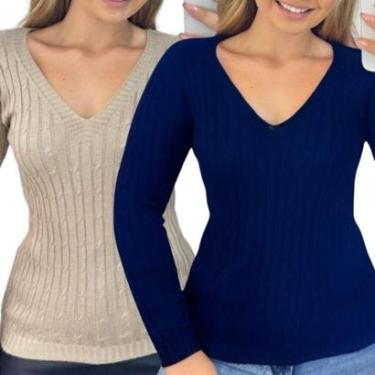 Imagem de Kit 2 Blusas Femininas Industrie Suéter Malha Tricô e Marinho Manga Longa Tamanho:Único;Cor:-Feminino