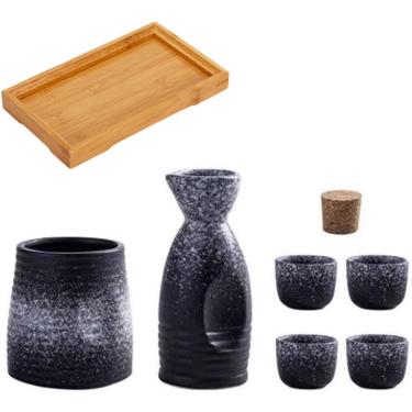 Imagem de Conjunto De Saquê Japonês Garrafa De Saquê De Cerâmica E Copos De Saquê Com Bandeja De Madeira Para Casa Ou Restaurante, 1 Pot 4 Cups 1 Warmer 1 Tray(night Sky)