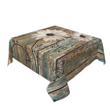 Imagem de Toalha de mesa floral rústica, margarida, 137 cm, quadrada, vintage, girassóis, toalha de mesa floral em tábua de madeira, casa de fazenda, primavera, verão, para cozinha, festa, jantar, piquenique