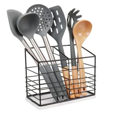 Imagem de Jeasor Suporte de utensílios para balcão de cozinha, suporte de utensílios de metal para bancada de cozinha, armazenamento de ferramentas de cozinha para espátula, organizador de utensílios grande com base de mármore e orifício de drenagem