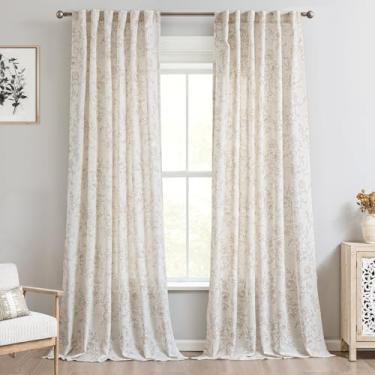 Imagem de Cortinas florais marrons 233.6 cm comprimento aba traseira Farmhouser cortina de filtragem de luz luz marrom estampa em branco creme cortinas de linho minimalista estética decoração de quarto 52x92