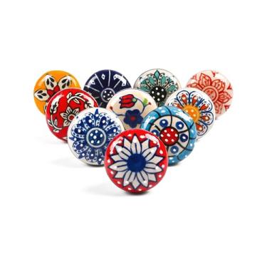 Imagem de RAJRANG Conjunto de 10 puxadores de armário de cerâmica vintage multicolorido - Puxador de gaveta de armário para decoração de casa