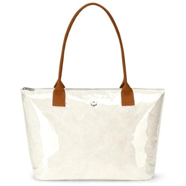 Imagem de KALIDI Bolsa hobo de papel Kraft, bolsa ultra transparente de TPU com alça superior com zíper, bolsa de ombro vintage grande para carregar toda a bolsa de plástico, Bege, Medium