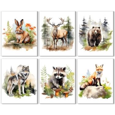 Imagem de Decoração de parede de berçário de animais da floresta decoração de quarto de bebê menino imagens de animais safári floresta paisagem natural impressões em tela aquarela urso veado raposa arte para