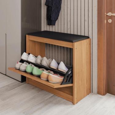 Imagem de Banco Sapateira Harmonia Madeira Acento Almofadado Corino Preto