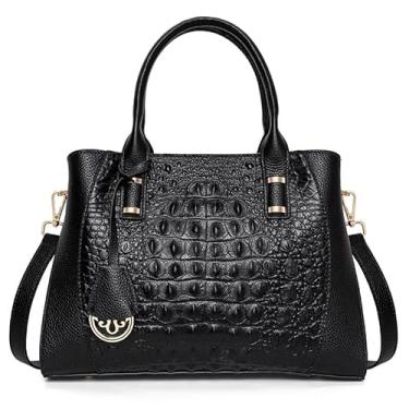 Imagem de Bolsa de couro genuíno com estampa de crocodilo alça de ombro removível bolsa de ombro transversal bolsa feminina de grande capacidade, Preto, Medium
