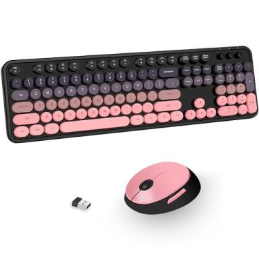 Imagem de Kootop Teclado sem fio, bonito colorido com 104 teclas, máquina de escrever retrô, teclado redondo para PC, laptop, desktop, Windows, casa e escritório (preto e rosa)