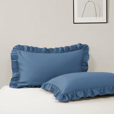Imagem de Pacote com 2 fronhas tamanho padrão, 50 cm x 66 cm, microfibra ardósia azul, babado, macio, respirável e não encolhe, fronhas kawaii