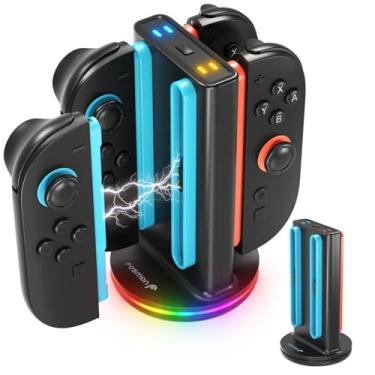Imagem de Fosmon Base de carregamento 4 em 1 para controle Joy-Con Nintendo Switch 2 com luzes RGB e indicador LED - Preto