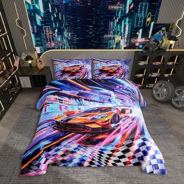 Imagem de Jogo de cama de solteiro, carro de corrida, crianças, carros esportivos, adolescentes, neon, ficção científica, jogos, jogos, edredom preto e branco, quadriculado, búfalo, decoração de quarto de carro