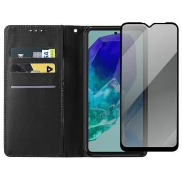 Imagem de Capa Carteira Para Samsung Galaxy M55 com Porta Cartões, Preta, Fechamento Magnético + Película de Vidro 9H