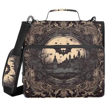 Imagem de Pasta organizadora preta retrô morcegos castelo gótico com alça de ombro, vários bolsos, 3 anéis, 3 anéis, bolsas para lápis, fichário, papelaria