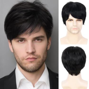 Imagem de BECUS Short Straight 100% Remy Cabelo Humano com Franjas Cabelos Brasileiros Perucas Completas para Homens Cara Masculino com Boné Livre (Natural Black 1B#)