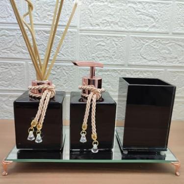 Imagem de Kit Lavabo em Vidro com Saboneteira, Aromatizador, Porta Escova e Bandeja Espelhada – Organização e Sofisticação para Banheiro (Preto e Rosê Gold)