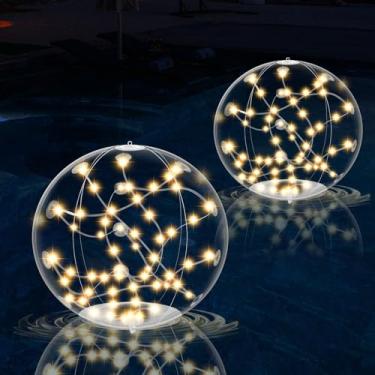 Imagem de Pacote com 2 luzes solares para piscina ao ar livre, bolas flutuantes de LED de 36,8 cm com controle remoto, brilho quente de 3000 K, regulável e ligado automaticamente ao anoitecer, IP68 à prova