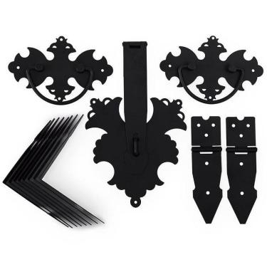 Imagem de Kit 14 Peças Para Baú Alça Dobradiças Fecho Medalhão Preto