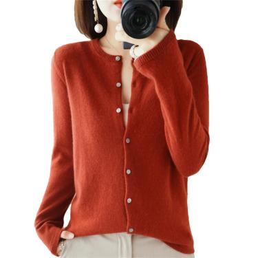 Imagem de Mulheres O-neck Cashmere Cardigan Suéter Sólido Cashmere Cardigan De Malha, Rust Red, S