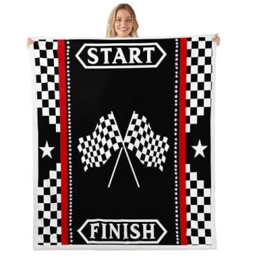 Imagem de Cobertor de bandeira de corrida, preto e branco, geométrico, xadrez, cobertor difuso, jogos de esportes radicais, mantas de lã para cama, sofá, simples, macio e respirável, tamanho (127 x 152 cm)
