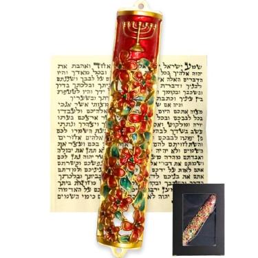 Imagem de Zivosely Mezuzá de design de esmalte requintado de 13 cm com pergaminho, instalação em 15 segundos com fita incluída ou permanentemente com parafusos fornecidos, mezuzá Blessing Red Bloom para porta