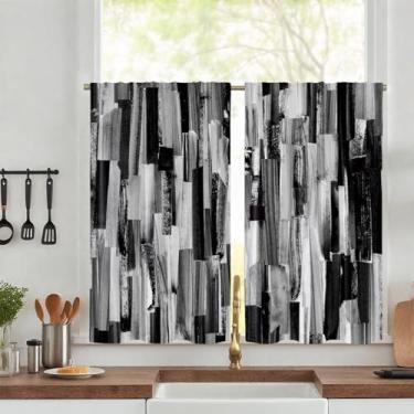Imagem de Uiiooazy Cortina abstrata moderna para cozinha, pintura a óleo, preta, cinza, cortinas de janela pequena, 66 x 60 cm C para sala de estar, quarto, banheiro, listras linhas, bolso para varão