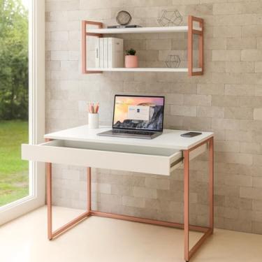 Imagem de Kit Mesa Home Office Escrivaninha Industrial com Gaveta e Prateleira 100% MDF Premium Branco e Aço Rose Cobre