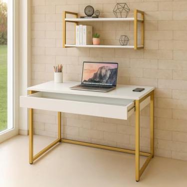 Imagem de Kit Mesa Home Office Escrivaninha Industrial com Gaveta e Prateleira 100% MDF Premium Branco e Aço Dourado