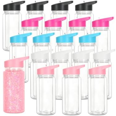 Imagem de Tswofia Pacote com 20 copos de globo de neve de plástico de 290 ml para crianças com orifício e plugue pré-perfurados, garrafa de água esportiva de parede dupla à prova de vazamento com alça portátil
