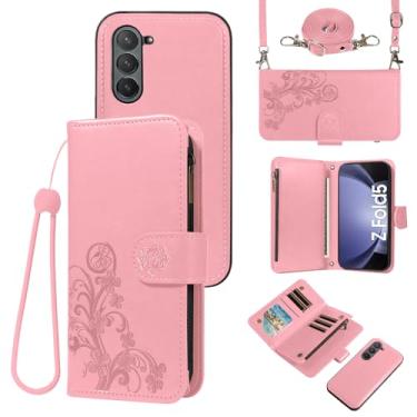 Imagem de Asuwish Capa de celular para Samsung Galaxy Z Fold 5 5G 2023 com zíper carteira destacável com protetor de tela de vidro temperado alça transversal porta-cartões de flores ZFold5 Z5 G Fold5 5Z