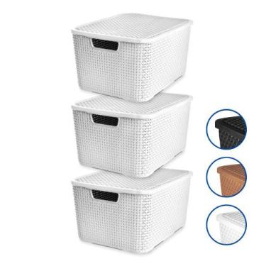 Imagem de Kit 3 Caixas Cesto Rattan Organizadora c/ Tampa 15L 34x26 - Arqplast, 