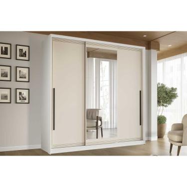 Imagem de Guarda Roupa Casal 3 Portas de Correr (1 c/ espelho) e 4 Gavetas Valência Branco/Creme - Politorno