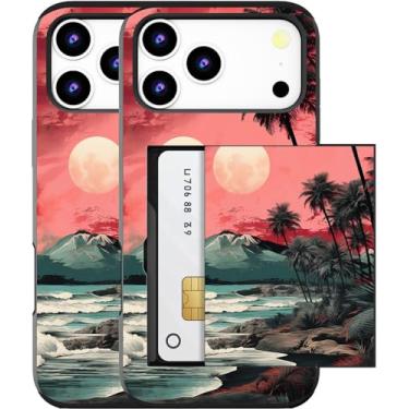 Imagem de MUQR Capa para celular 17 Pro Max compatível com porta-cartão fofo - Capa tipo carteira robusta com design Kawaii, proteção contra quedas de grau militar para mulheres (pôr do sol do mar preto)