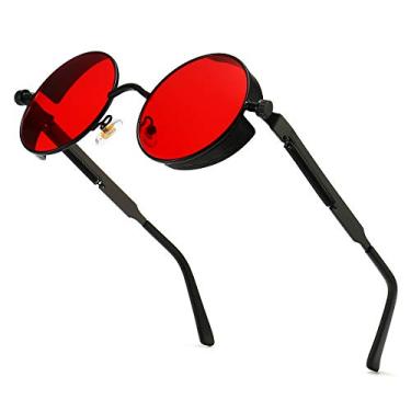 Imagem de Óculos de sol Steampunk polarizados para homens, proteção UV, estilo redondo, gótico, armação circular de metal, Vermelho, 50 mm