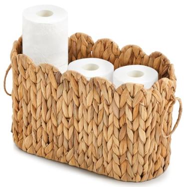 Imagem de Yalikop Cesto de armazenamento de papel higiênico de vime, grande, com borda recortada, jacinto, cestas de vime estreitas para papel higiênico de até 9 rolos para armazenamento organizador de